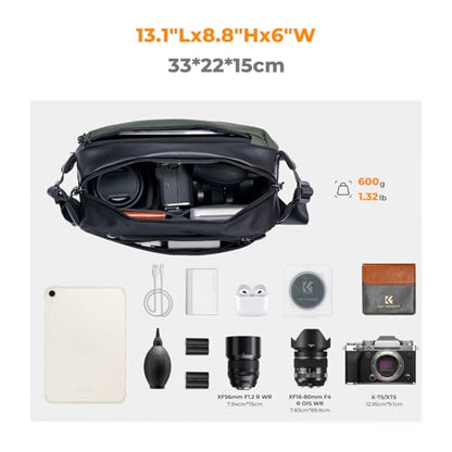 K&F CONCEPT 2 in 1 Camera Sling Bag, Everyday Shoulder Bag - color: 04 Black+green Medium