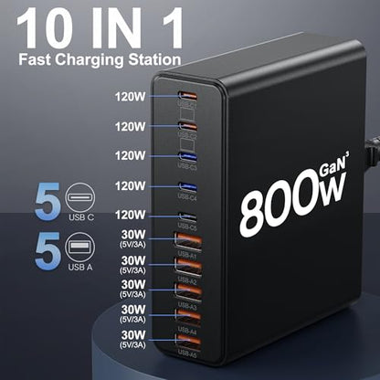 800W USB C Charger Block,10-Port GaN Charging Station - color: Black