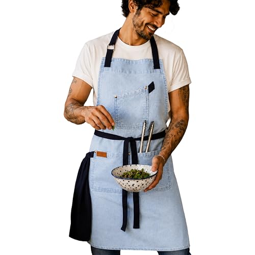 100% Cotton Printed Kitchen Apron with 2 Pockets for Men and Women – Adjustable Chef Apron - Machine Washable - color: Sky Blue