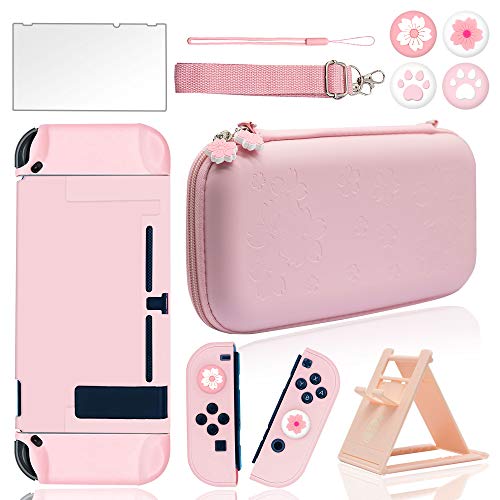 BRHE Cute Travel Carrying Case for Nintendo Switch Accessories Kit with Hard Protective Cover, Glass Screen Protector, Adjustable Stand and Thumb Grip Caps 10 in 1(Switch Pink) - size: Switch