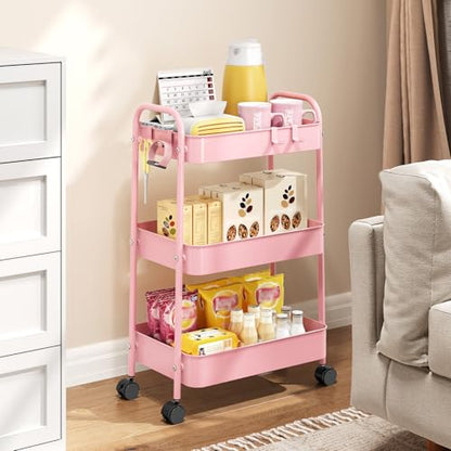 TOOLF 3 Tier Rolling Cart, Metal Utility Storage Cart with Wheels, Pink - color: Pink