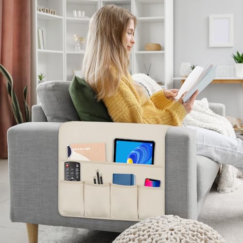 Remote Control Holder for Armchair Caddy, Remote Holder with 5 Pockets - color: Beige, size: 35"x18"