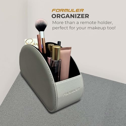 Remote Control Holder Organizer – 5-Compartment Leather Caddy for TV Remotes, Office Supplies, Makeup Brushes – Desktop Storage Box for Home & Office (Grey)