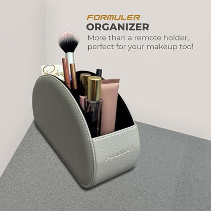 Remote Control Holder Organizer – 5-Compartment Leather Caddy for TV Remotes, Office Supplies, Makeup Brushes – Desktop Storage Box for Home & Office (Grey)