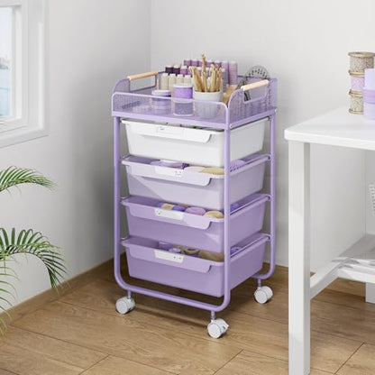 SYKIARIOL 4-Drawer Rolling Storage Cart with Mesh Top,Purple - color: Purple