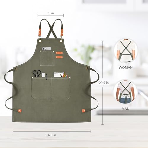 OUNLEN Chef Apron for Men Women Canvas Aprons with 3 Pockets Cross Back Resistant Work Apron for Cooking - color: Olive