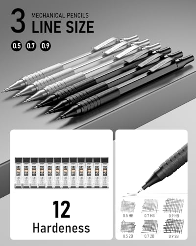 Nicpro 0.5 & 0.7 & 0.9 mm Metal Mechanical Pencil Set with Case-6 Pack - color: Black&Silver, style: Modern