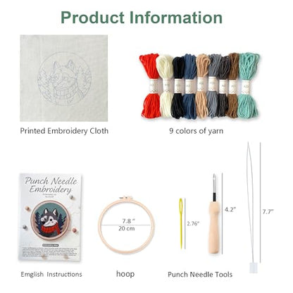 Myfelicity Punch Needle kit, a Beginner Set with Wolf Pattern Design, Suitable for Beginners and Adults with 7.9-inch Hoop - color: wolf