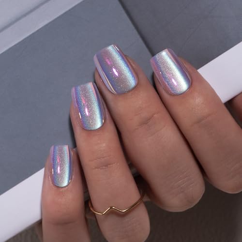 CurvLife Chrome Square Cat Eye Press On Nails, Purple, Soft Gel - color: chrome cat eye nails
