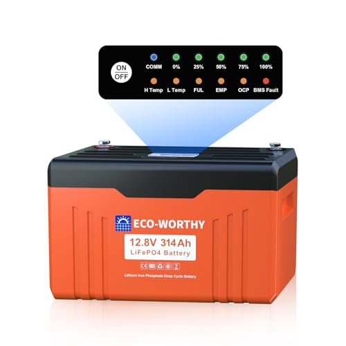 ECO-WORTHY 12V 314AH LiFePO4 Lithium Battery Bluetooth with SOC LEDs, Low Temp Protection, 4019WH, 200A BMS Up to 15000 Deep Cycle for Off-Grid, RV, Solar Power System, HomeBackup