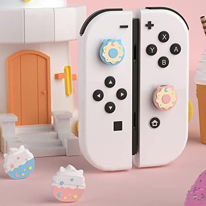 PERFECTSIGHT Cute Switch Thumb Grip Caps Compatible with Nintendo Switch OLED/Lite Console, Kawaii Soft Silicone Analog Stick Button Cover for Ns Joycon Controller, 4PCS Joystick Cap, Donut & Cupcake - color: Blue + Pink