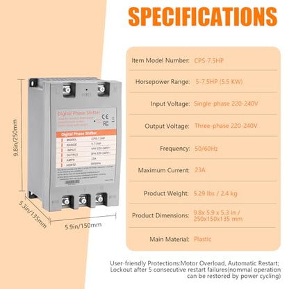 Single Phase to 3 Phase Converter，7.5HP 220V 3 Phase Converter，220V-240V Input/Output Digital Phase Shift for 7.5HP Motor - style: 7.5HP/23A