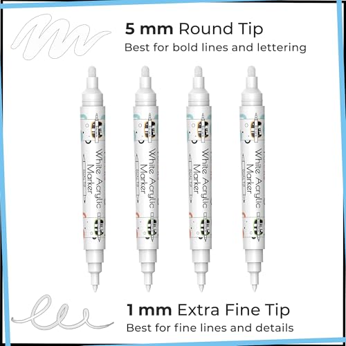 4 White Acrylic Paint Pen for Wood, Dual Extra Fine Tip & Medium - color: White