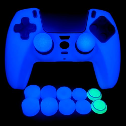 Anti Slip Glow in The Dark Blue Protective Silicone Cover Skin Grips Compatible with PS5 Controller,8 PCS Thumb Grips Caps and 2 Grips Caps Glow in The Dark. - color: Glow Blue