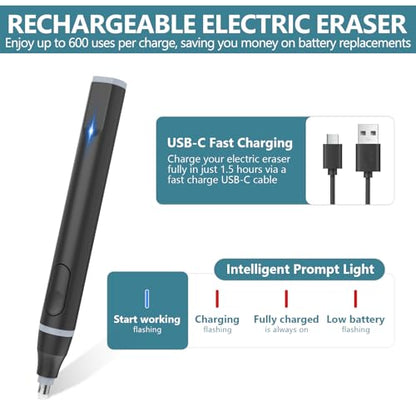 Electric Eraser, USB C Rechargeable Pencil Eraser with 220 Eraser Refills - color: Black