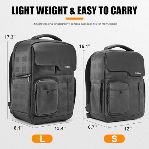 Cwatcun Camera Backpack Large PU Leather, DSLR Bag Case with Tripod Holder - color: Black, size: 9.0 Large