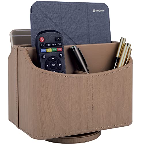 Leather Remote Control Holder/Caddy 360 Degree Rotating, Desk Organizer for TV Remote Controllers,Pen,Calculator,cell phone,gadget storage box,Nightstand Decoration(Light wood grain) - color: Light wood grain