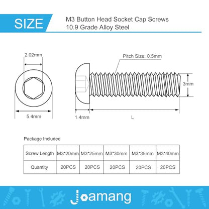 M3 x 20mm 25mm 30mm 35mm 40mm Button Head Socket Cap Screws Bolts, 10.9 Grade Alloy Steel, Black Oxide Finish, Metric Allen Hex Drive, Fully Threaded, Assortment Kit 100Pcs - size: Button M3x20-40 mm