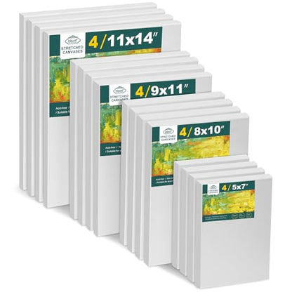 Inburit 16 PCS Multi Size Stretched Blank Canvas for Acrylic & Oil Painting - size: 16PCS+(4sizex4)