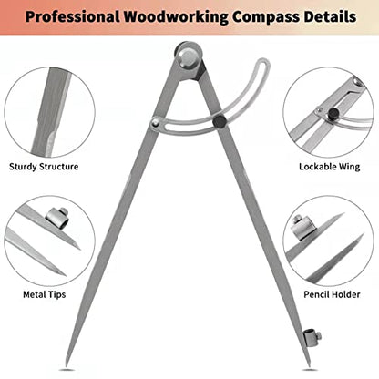 Compass for Geometry, Compass for Woodworking, 16 inch Precision Woodworking Compass with Wing Divider and Pencil Holder, Large Compass for Geometry, Woodworking Compass, Drafting, Drawing Compass - size: 16inch