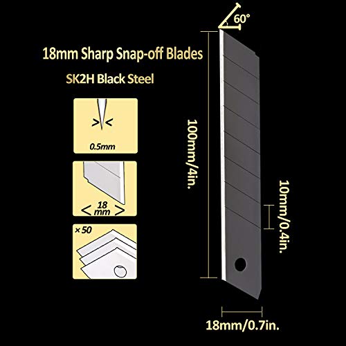 18mm Snap-off Blades, 50-Pack, Quality Black Carbon Steel Made, Sharp and Durable, Heavy-duty Replacement Blade for 18mm Box Cutter and Utility Knife