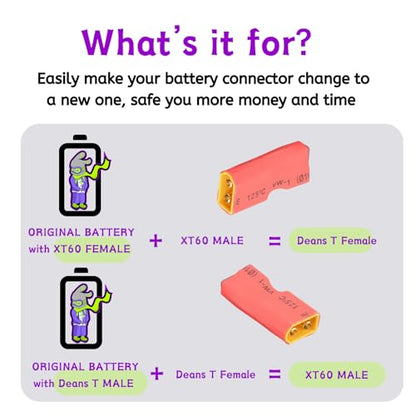 RC Battery Accessory Kit,No Wires XT60 Male (Yellow) Connector Switch to Deans T Female (red) Adapter, for Remote Control Toy Boat FPV Drone Car etc - 1 Pcs with 7.4V USB Charger Cable