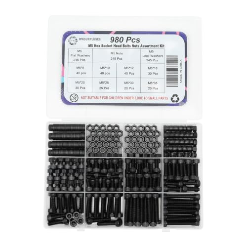 980Pcs M5 Screw Kit, Hex Socket Head Cap M5 Screws, M5 Bolts Nuts Washers - color: Black, size: Black M5 (980 Pcs)