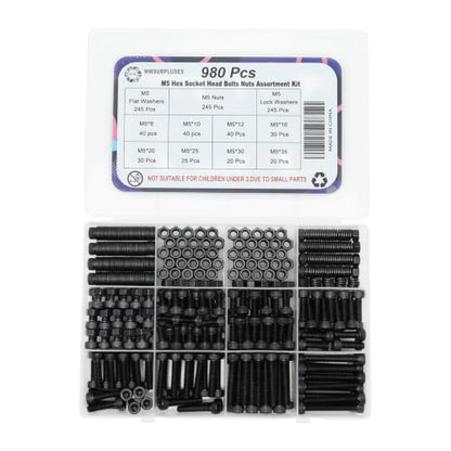 980Pcs M5 Screw Kit, Hex Socket Head Cap M5 Screws, M5 Bolts Nuts Washers - color: Black, size: Black M5 (980 Pcs)