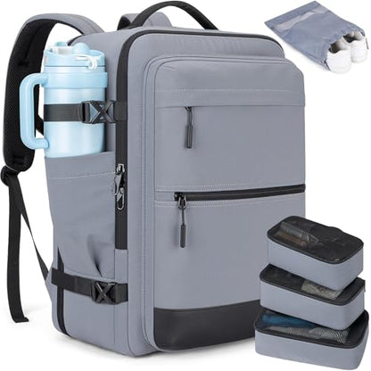 Tzowla 40L Carry-On Travel Backpack with Large Water Bottle Holder,Personal Item Travel Bag with 3 Packing Cubes,17.3 Inch Laptop Backpacks for Men and Women,Hiking Casual Outdoor Daypack(Grey) - color: Grey