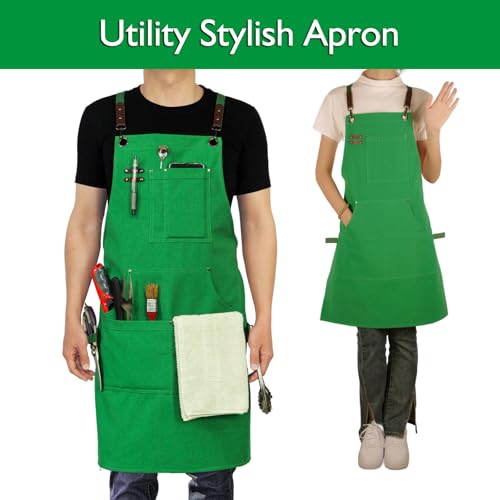 Kitchen Apron, Work Apron, Canvas Apron, Green - color: Green