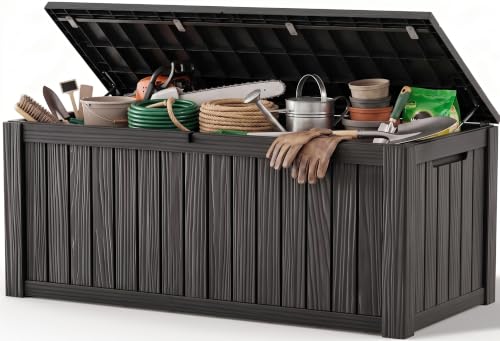 Outdoor Storage Box, 240 Gal Waterproof Resin Deck Box w/Support Rod - color: Black, size: 240 Gallon