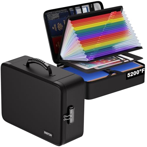 ENGPOW 5200℉ Fireproof Document Box with 25 Pockets Accordion File Folder - color: Black, size: 16.1" x 12" x 5.1",Colorful