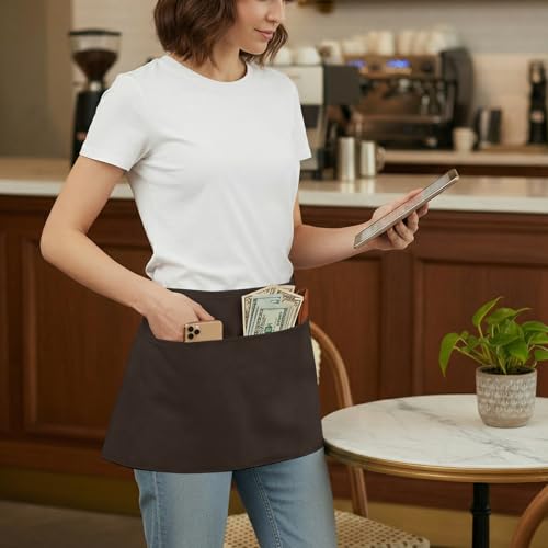 BOHARERS Waist Apron with 3 Pockets - Brown Waitress Waiter Server Short Apron（brown） - color: 1 Pack Brown