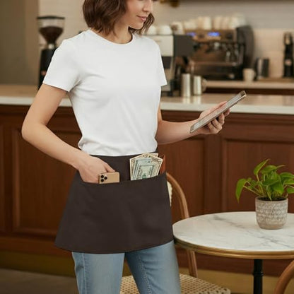 BOHARERS Waist Apron with 3 Pockets - Brown Waitress Waiter Server Short Apron（brown） - color: 1 Pack Brown