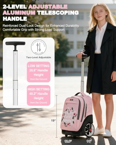 NEW TILAMI 19 Inch Rolling Backpack for School Stair-Climbing Big Wheel - color: Pink Flower