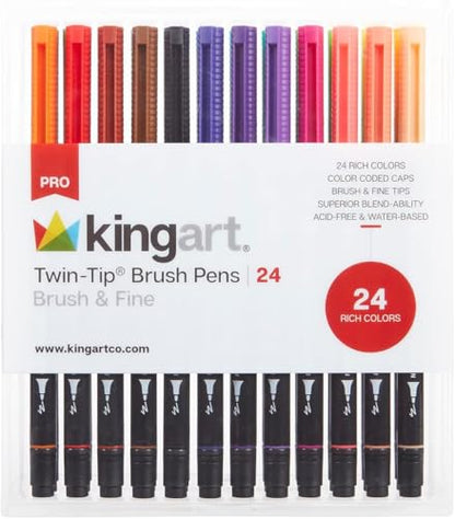 KINGART PRO 445-24 Dual Twin-Tip Brush Pens, Multicolor, 24-Colors