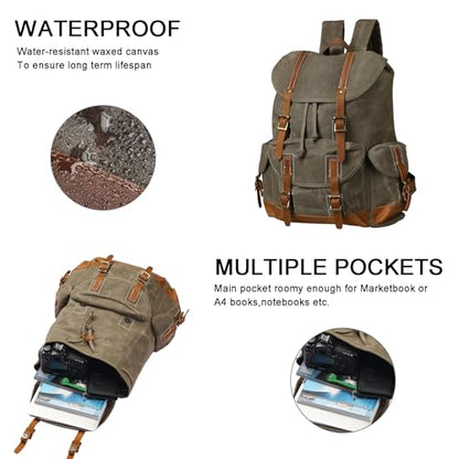Heavy-Duty Waxed Canvas Rucksack Backpack - color: Olive Green, size: 400 x 340 x 190 mm - Standard
