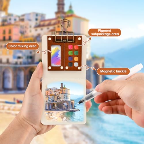 Mini Watercolor Travel Set (9-Piece), 8-Grid Walnut Palette with 12 Watercolor Paints, Mini Sketchbook, 6 Brush Pens and Metal Clip, Pocket Painting Kit for Outdoor Sketching and Travel