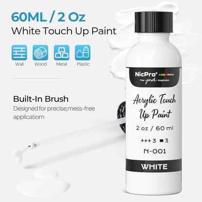 Nicpro White Touch Up Paint, 2oz/60ml High Gloss Acrylic Touch Up Paint Pen - color: White