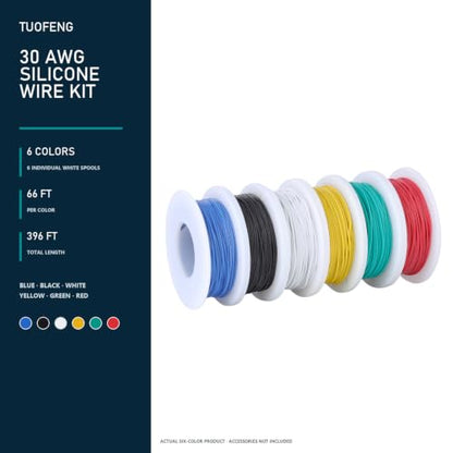 TUOFENG 30 AWG Silicone Wire, 6 Colors, 66 ft Each, Stranded Tinned Copper - size: 30 AWG Stranded 6 Colors 66 ft