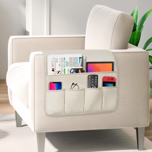 Remote Control Holder for Armchair Caddy, Remote Holder with 5 Pockets - color: Beige, size: 35"x18"