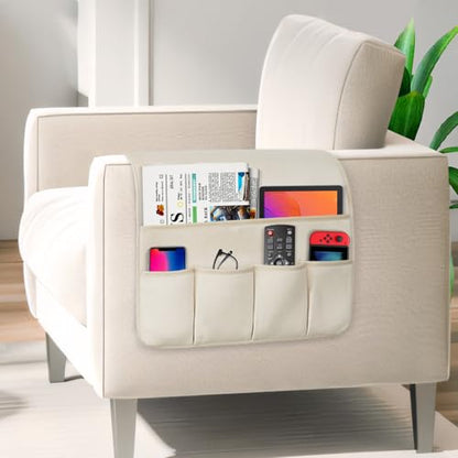 Remote Control Holder for Armchair Caddy, Remote Holder with 5 Pockets - color: Beige, size: 35"x18"