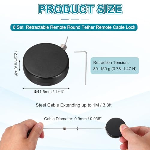 PATIKIL Retractable Remote Control Cable Tether (3.3ft / 1M, Black)(6 Set) Round Remote Control Security Lanyard Lock Adjustable Locking Leash with Plastic Cap, Suit for - TVs/Tablets - color: Black, size: 3.3ft
