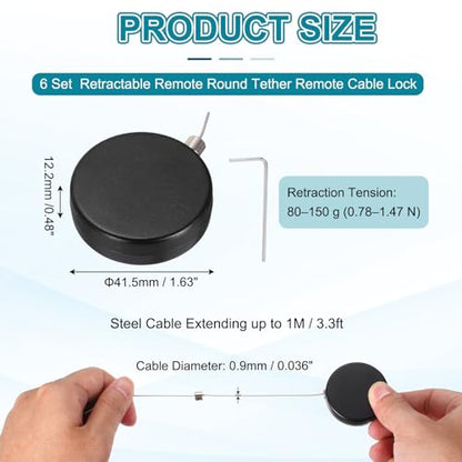PATIKIL Retractable Remote Control Cable Tether (3.3ft / 1M, Black)(6 Set) Round Remote Control Security Lanyard Lock Adjustable Locking Leash with Plastic Cap, Suit for - TVs/Tablets - color: Black, size: 3.3ft
