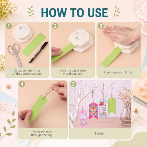 Lewtemi 4-in-1 Craft Tag Punch with Rope, Gift Tag Paper Punches for DIY - style: 4 in 1