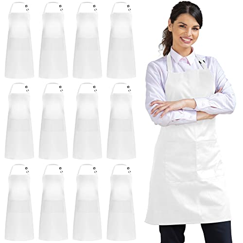 Syntus 12 Pack Apron with 2 Pockets Aprons for Men Women, Polyester, White - color: White