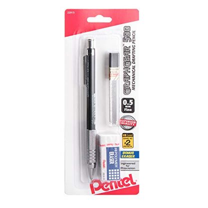 Pentel GraphGear 500 Mechanical Drafting Pencil, (0.5mm), Fine Line, Refill Lead and Mini Eraser (PG525LEBP)