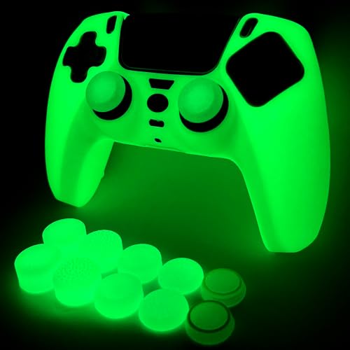 Anti Slip Glow in The Dark Protective Silicone Cover Skin Grips Compatible with PS5 Controller,8 PCS Thumb Grips Caps and 2 Grips Caps Glow in The Dark. - color: Glow Green