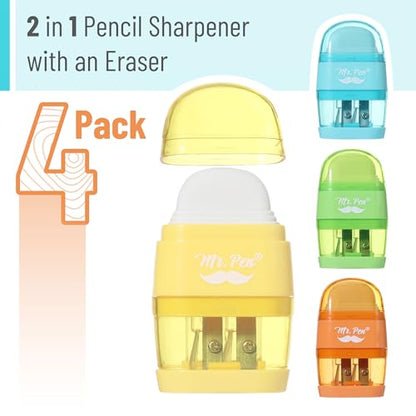 Mr. Pen- Pencil Sharpener & Eraser, 4 Pack - color: Yellow, Orange, Blue, Green, size: 4 Pack