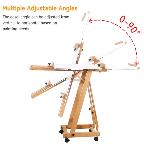 PHOENIX Versatile Studio H-Frame Easel Solid Beech Wood Artist Stand with Locking Caster Wheels- Adjustable Angle & Height – Heavy Duty Large Canvas Holder with Storage Tray for Professional Artists